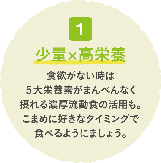 少量×高栄養 食欲がない時は5大栄養素がまんべんなく摂れる濃厚流動食の活用も。こまめに好きなタイミングで食べるようにしましょう。